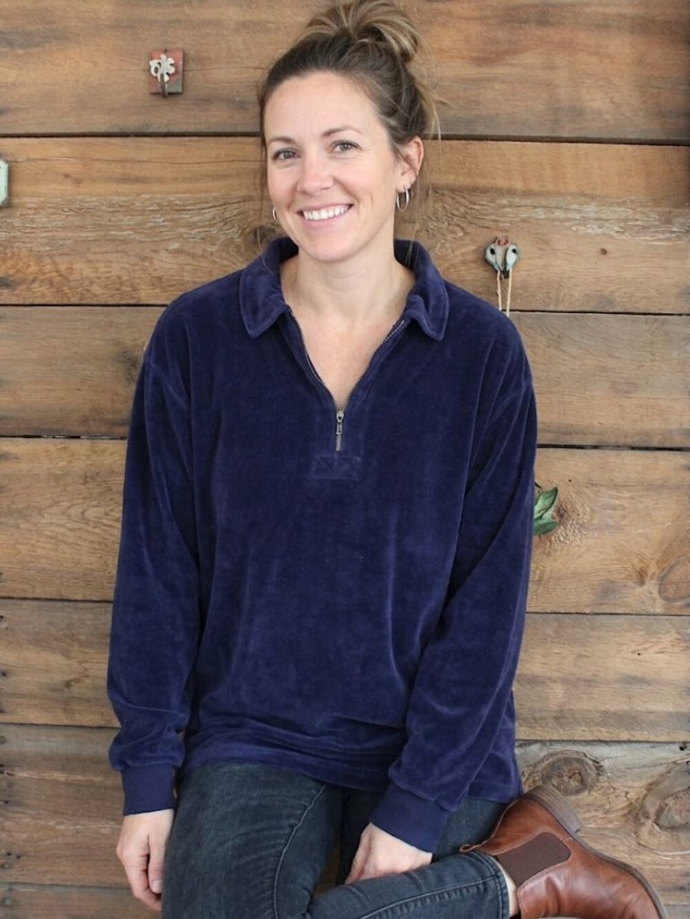 VTG Willow Bay Navy Blue Velour Quarter Zip Pullover Shirt Top Size L NWT